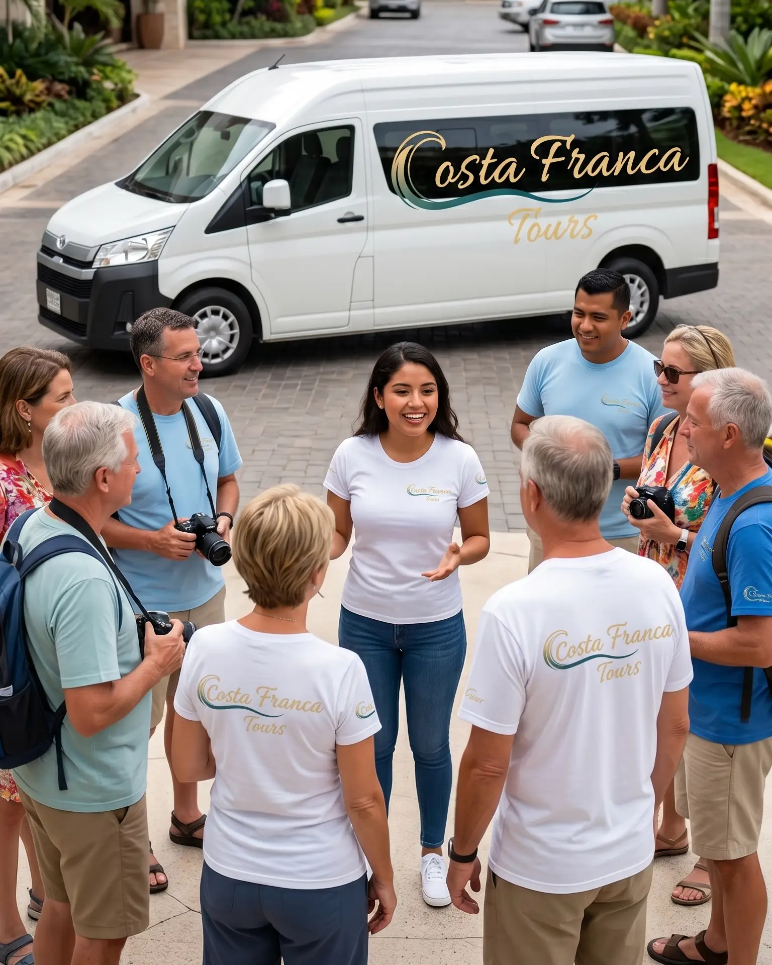 Costa Franca Tours guide briefing a group of tourists before boarding an excursion van